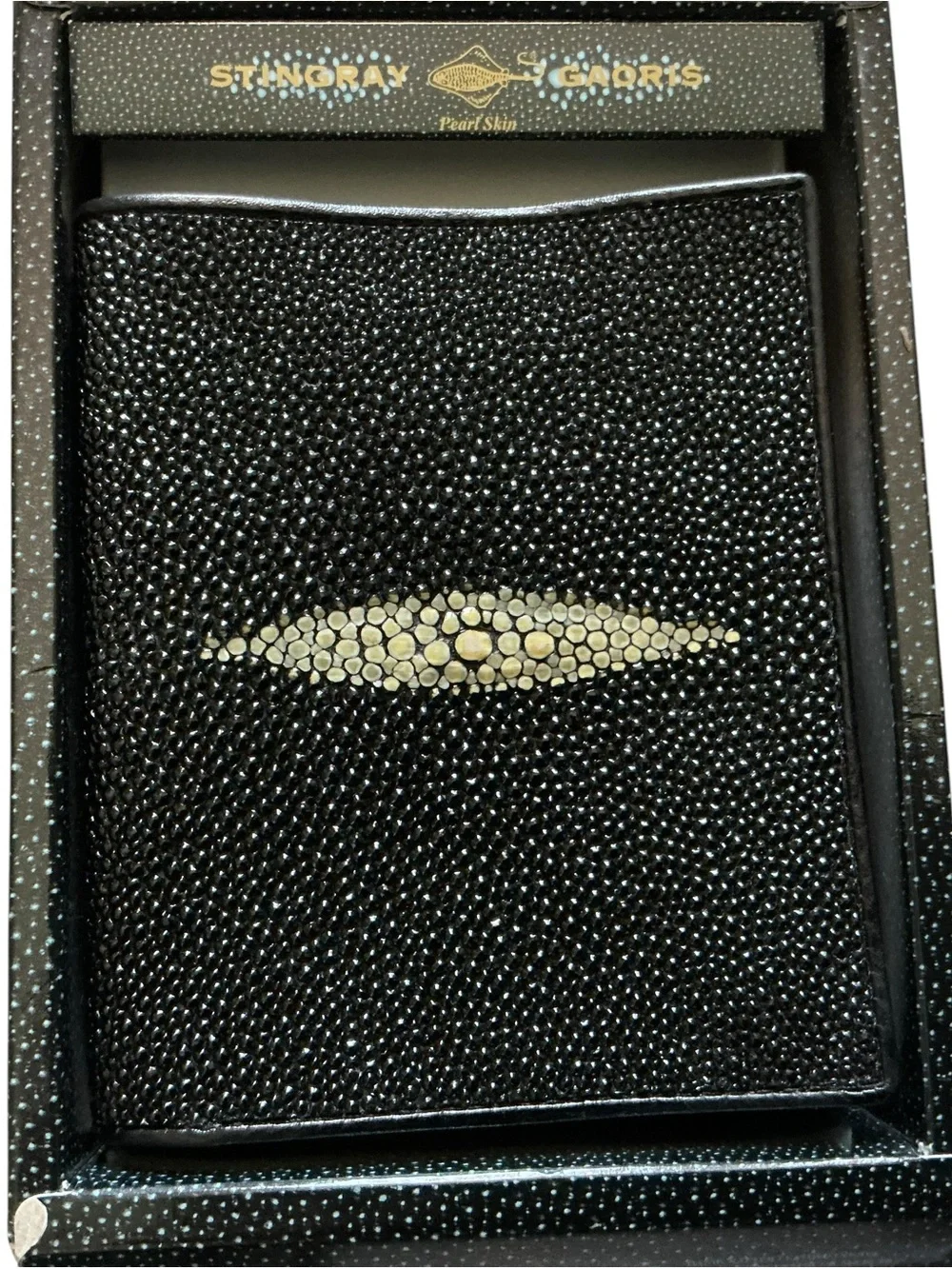 Genuine black stingray skin bifold wallet white cowhide leather men’s